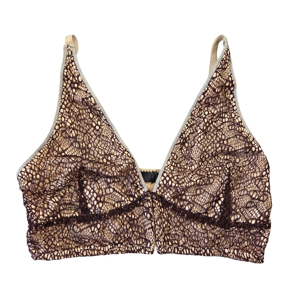 BKE Boutique Brown Lace V-Neck Bralette Medium Beige Lining Adjustable Straps